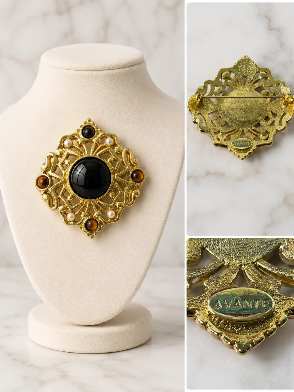 Vintage Avante Gold Tone Black Cabochon| Faux Pearl Statement Brooch